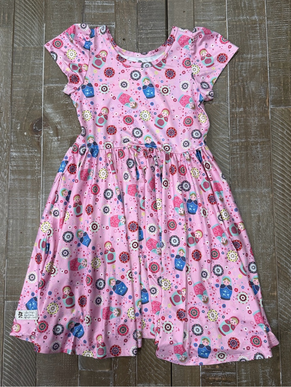 Charlie’s Project Girls Pink Russian Nesting Doll Print Flutter Sleeve Dress